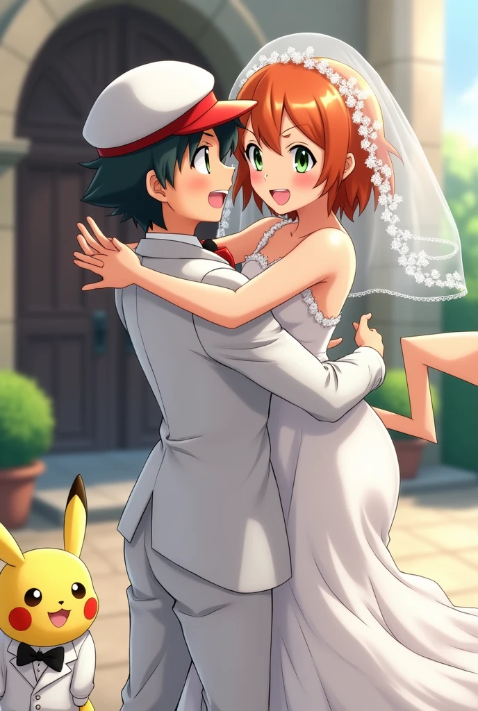 Draw Ash from Pokémon in a wedding suit and a white cap and Misty in a beautiful wedding dress.
He lifts her up outside the church.
Let the bride&#39;s hair be short and orange and wear a veil.
Let the bride&#39;s eyes be green and the groom&#39;s brown.
Add Pikachu with white suit and black bow.
