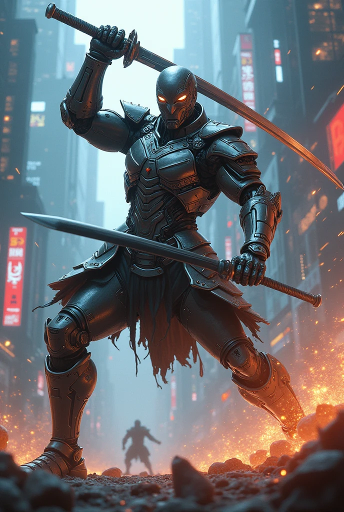 a samurai android, with a big katana, fights a demon, cyberrealistic style, technological atmosphere, modern day warrior, ((Superior quality)), ((masterpiece))
