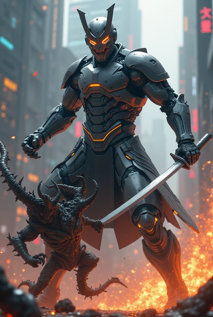 a samurai android, with a big katana, fights a demon, cyberrealistic style, technological atmosphere, modern day warrior, ((Superior quality)), ((masterpiece))