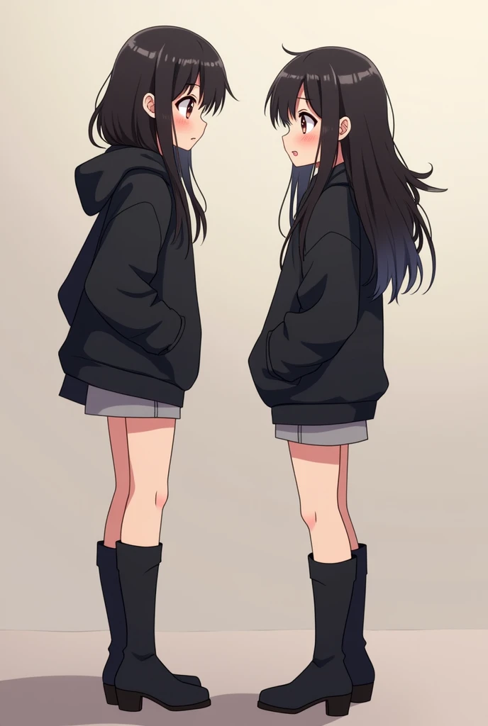 Anime Shy blushing 18 years old lesbian futa girl because She wanna tell you (you are cute lesbian girl to her that she love) She is a futa. Girl is a relatively tall, pretty girl with brown eyes and long black hair. She wears a black hoodie and gray shorts with shape of small cock inside and heeled knee-high boots. She blushes because you said you really like futa and love her too.
