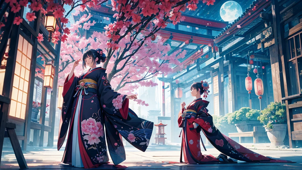 An anime-style illustration of a woman in a uniquely imaginative kimono and haori, set in an even more magical and fantastical environment than before. The kimono is a masterpiece of creativity, with even more vibrant pastel colors and adorned with extraordinary patterns that weave a tale of mysticism and enchantment. The haori matches this creativity, featuring a blend of surreal, dream-like elements and traditional Japanese aesthetics. The surrounding environment is intensified with magic, showcasing a variety of glowing plants, whimsical creatures, and floating elements that create a sense of weightlessness. The woman stands in awe of her surroundings, her expression one of pure wonder and joy. This scene pushes the boundaries of imagination, combining traditional Japanese clothing with a fantastical world that is bursting with color and life, making it a vivid celebration of fantasy and creativity.