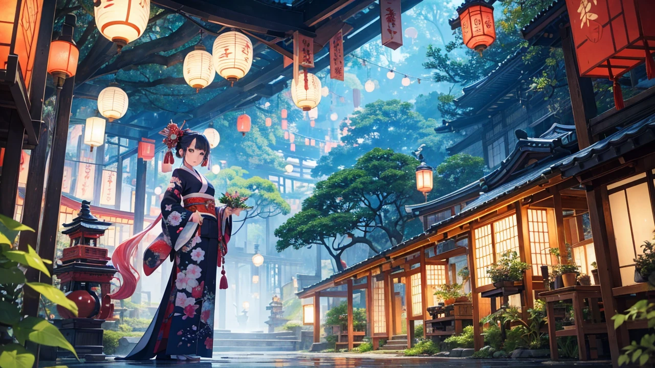 An anime-style illustration of a woman in a uniquely imaginative kimono and haori, set in an even more magical and fantastical environment than before. The kimono is a masterpiece of creativity, with even more vibrant pastel colors and adorned with extraordinary patterns that weave a tale of mysticism and enchantment. The haori matches this creativity, featuring a blend of surreal, dream-like elements and traditional Japanese aesthetics. The surrounding environment is intensified with magic, showcasing a variety of glowing plants, whimsical creatures, and floating elements that create a sense of weightlessness. The woman stands in awe of her surroundings, her expression one of pure wonder and joy. This scene pushes the boundaries of imagination, combining traditional Japanese clothing with a fantastical world that is bursting with color and life, making it a vivid celebration of fantasy and creativity.