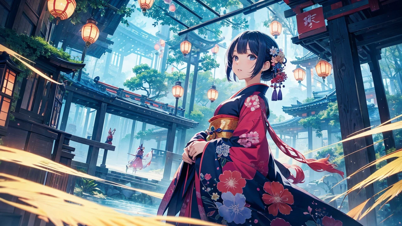 An anime-style illustration of a woman in a uniquely imaginative kimono and haori, set in an even more magical and fantastical environment than before. The kimono is a masterpiece of creativity, with even more vibrant pastel colors and adorned with extraordinary patterns that weave a tale of mysticism and enchantment. The haori matches this creativity, featuring a blend of surreal, dream-like elements and traditional Japanese aesthetics. The surrounding environment is intensified with magic, showcasing a variety of glowing plants, whimsical creatures, and floating elements that create a sense of weightlessness. The woman stands in awe of her surroundings, her expression one of pure wonder and joy. This scene pushes the boundaries of imagination, combining traditional Japanese clothing with a fantastical world that is bursting with color and life, making it a vivid celebration of fantasy and creativity.
