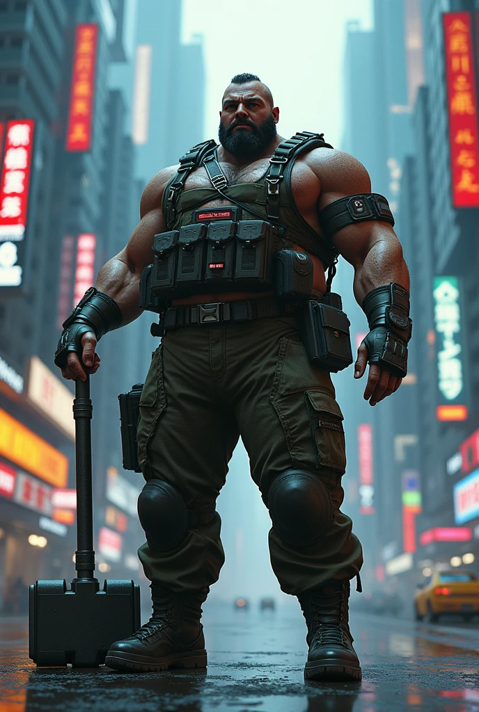 Create a 130-kilogram burly man, hunter and ex-military man with a combat hammer in his hand in the world of cyberpunk