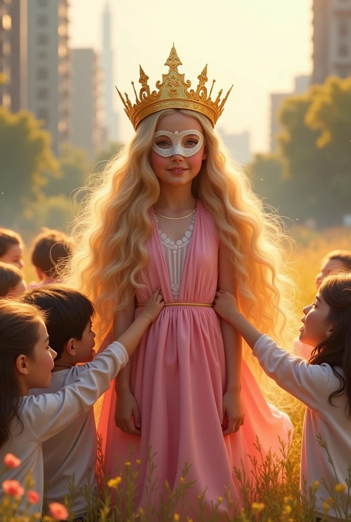Create an image from a story where you can see a girl in a pink dress, golden hair, golden crown and a heart mask talking to some children in an urban field and hugging each other