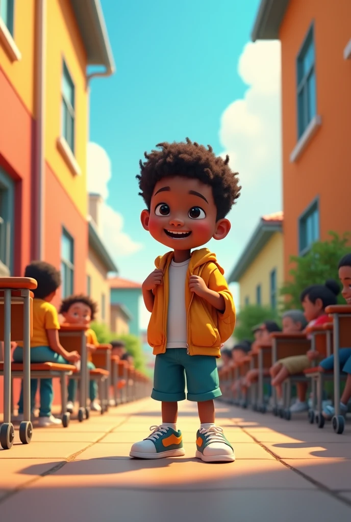 Create animated images of a child's school life from beginning to end, showing good and bad moments among classmates.,
Several images showing this cycle , the boy is dark ( ARTAS IMAGES )