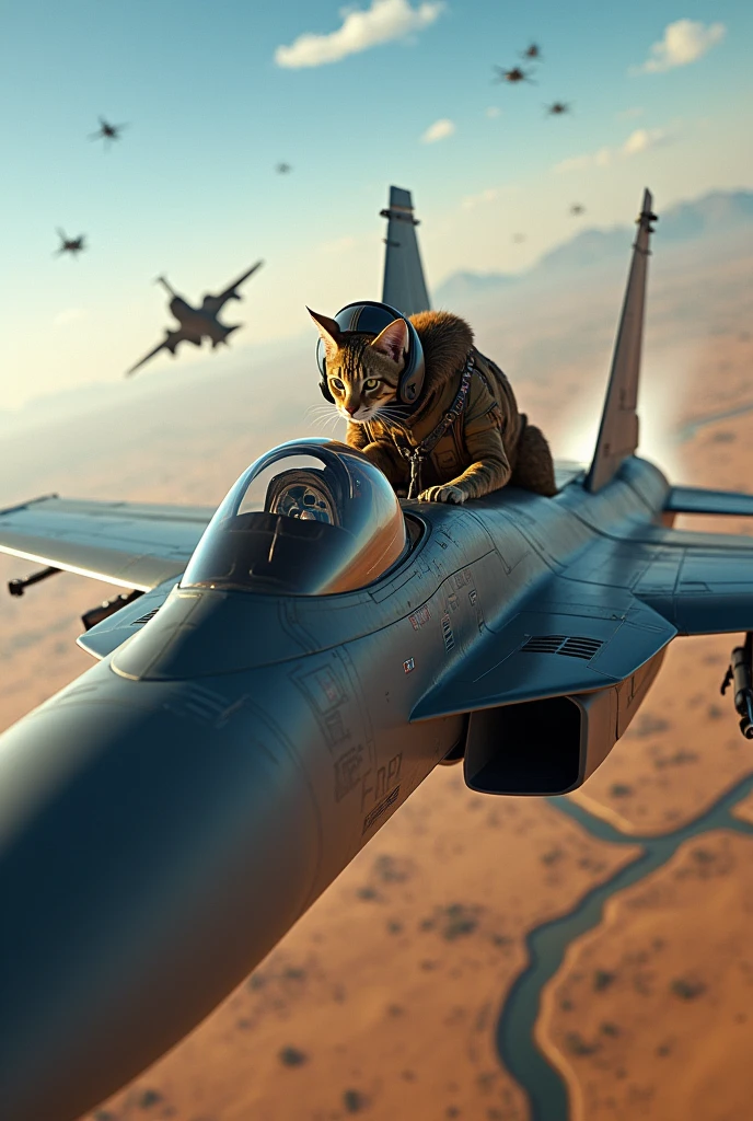 Savannah cat wearing a pilot suit and helmet and driving an F15 plane, fighting enemies, real, high-resolution details, full picture as real reality from the plane's immersion, full picture from afar
