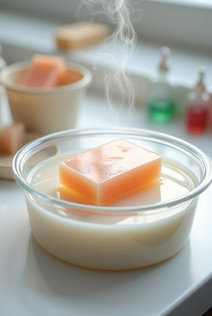 generates an image where a glycerin bar is placed in a bain-marie after that, add a colorant, after image adding essence