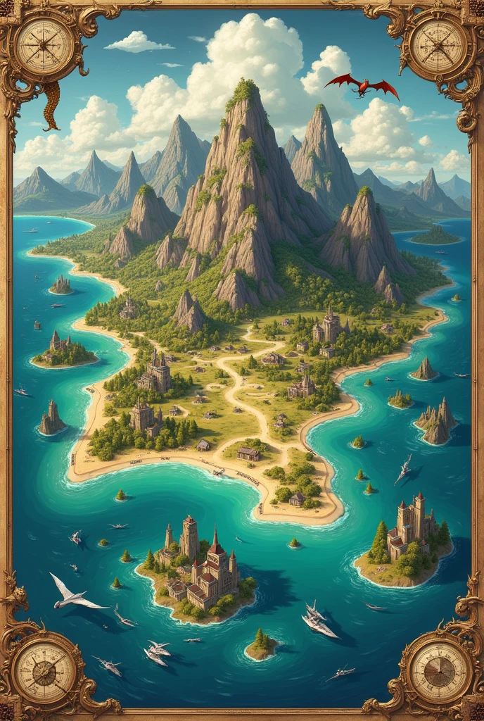 Create an illustration of a map with names of a fantasy world in which there are fantastic creatures