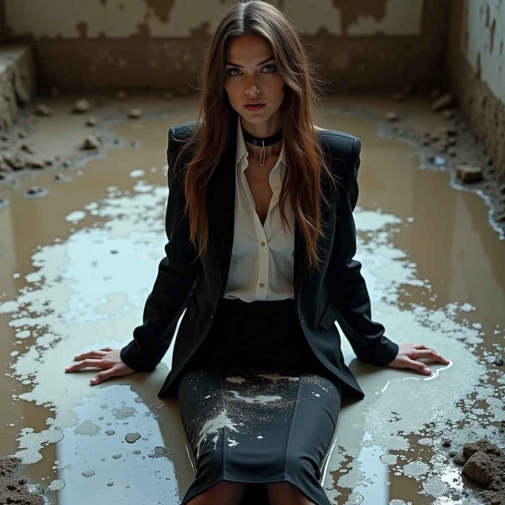 A super realistic photo of one slender business lady, model-like appearance with long hair. She is dressed in a long and black business pencil skirt made from cotton fabric, black business jacket made from cotton and wool fabric. black business vest, white muddy shirt, stockings, black choker on the neck. She located in very muddy office. She sitting deep in the liquid mud in flirtatious and modest pose, dips her legs, backs in the liquid mud and smear a lot of liquid mud and white oil paint on own clothes. All her clothes is stained with white oil paint, her black business pencil skirt and jacket are very stained in a liquid white oil paint. She looks like she's been running a brush of white oil paint over her jacket, skirt, and vest, her clothes covered with liquid mud and white oil paint from head to toe. The studio light brilliantly illuminates all her clothes in details, casting small shadows and emphasizing the texture of the white oil paint on her clothes. Please focus on stains of liquid mud on her clothes. View angle of the camera from top and left from the business lady.