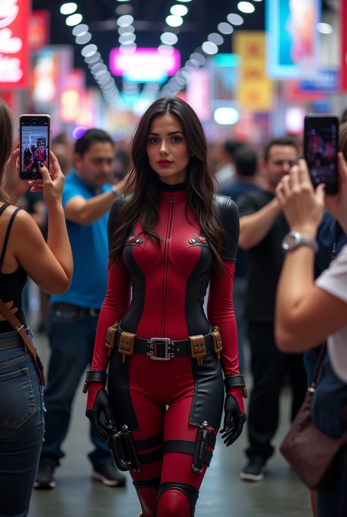 Brunette instagram influencer, dressed as Ladypool, at a comic convention, in the style of comicon photos, taking pictures with fans