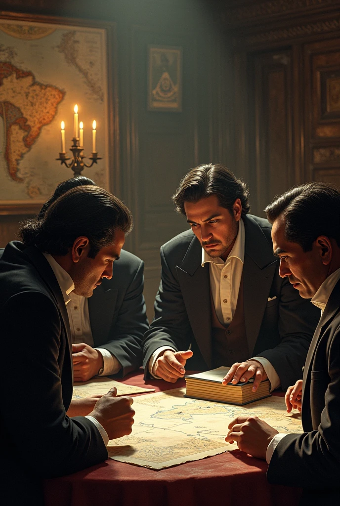 An image showing Creole leaders like Bolívar and Miranda in a Masonic lodge, participating in a secret meeting. The scene could include Masonic symbols, maps of South America, and books on philosophy and politics, representing the spread of revolutionary ideas.