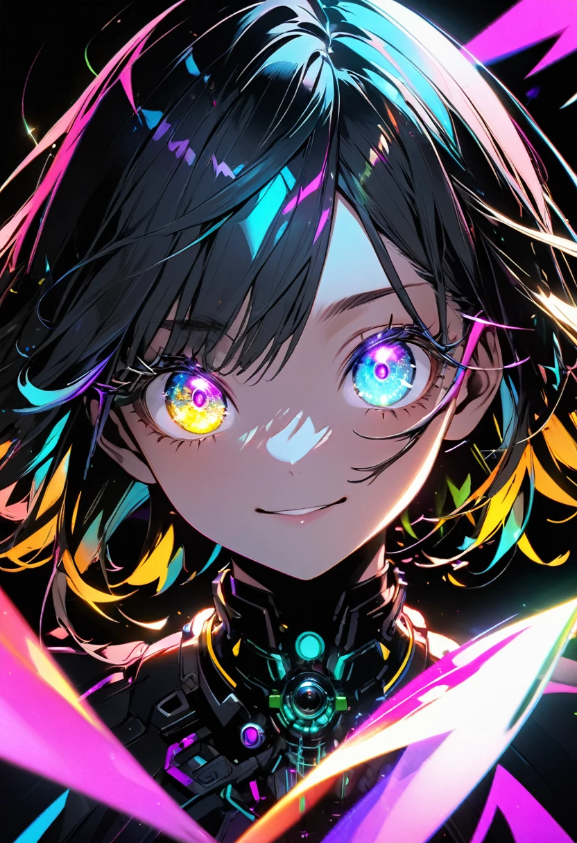 8k, Highest quality,High Contrast,front view,joyful,A boy and a girl,perfect face,eye (eyelashes,glowing eyes),A background with beautiful, shimmering details,Colorful light scattering and reflecting on a transparent background,(Background biopunk),