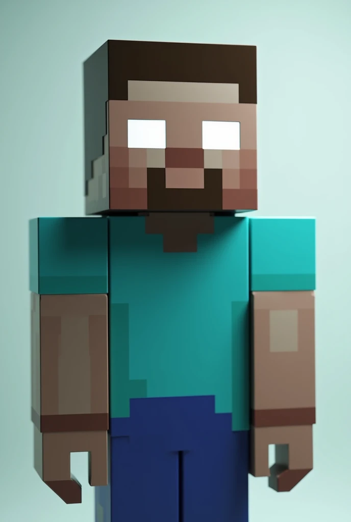 Steve Minecraft , with completely white eyes and a muscular, square body , with a light blue shirt