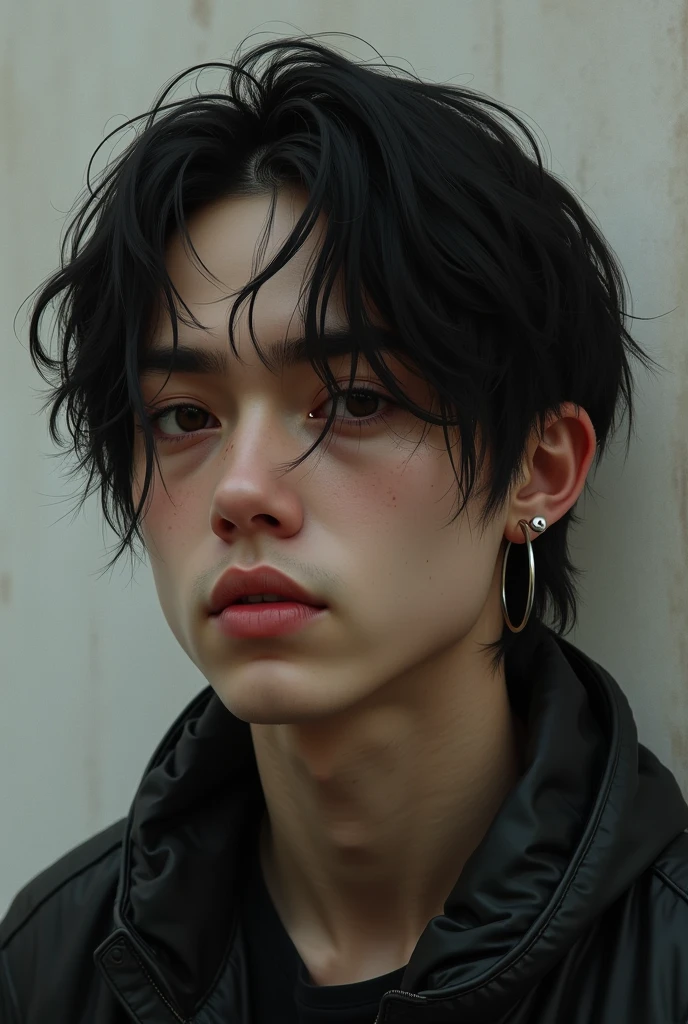 24 years old man nu metalhead with straight dark brown hair down to the shoulder, dark brown eyes, white, eyebrow piercing and simple ear piercing, sentimental face but disguised with tough face 