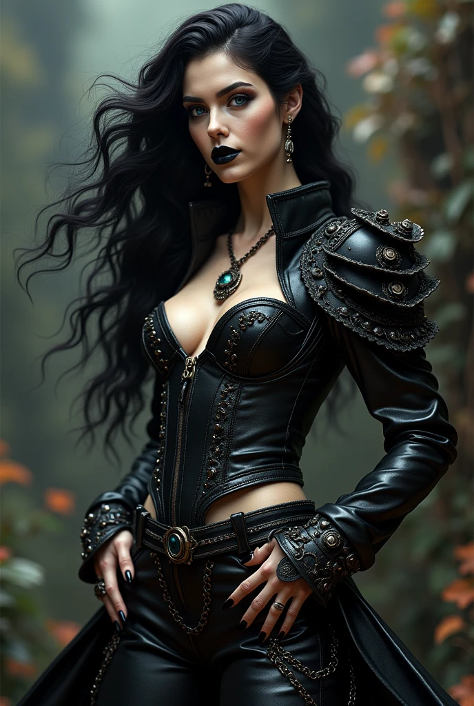 full body Dragqueen in rococo punk costume wearing rococo punk outfit, black long hair, black eyes, black lipstick lips,g rococo punk fantasy style, (rock punk), rock punk beautiful goddess, rock punk girl, rock punk inventor girl, metal rock punk, Set in a rock punk world, dark rock punk concept