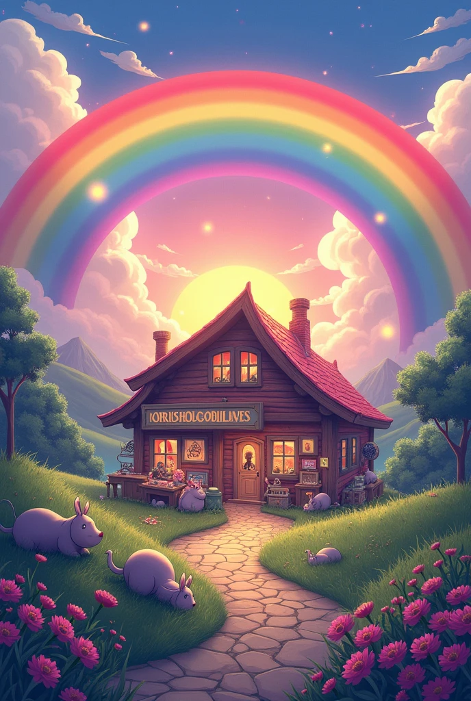 Cover the Tale the workshop of dreams behind a rainbow showing the anime-type sunrise Another image