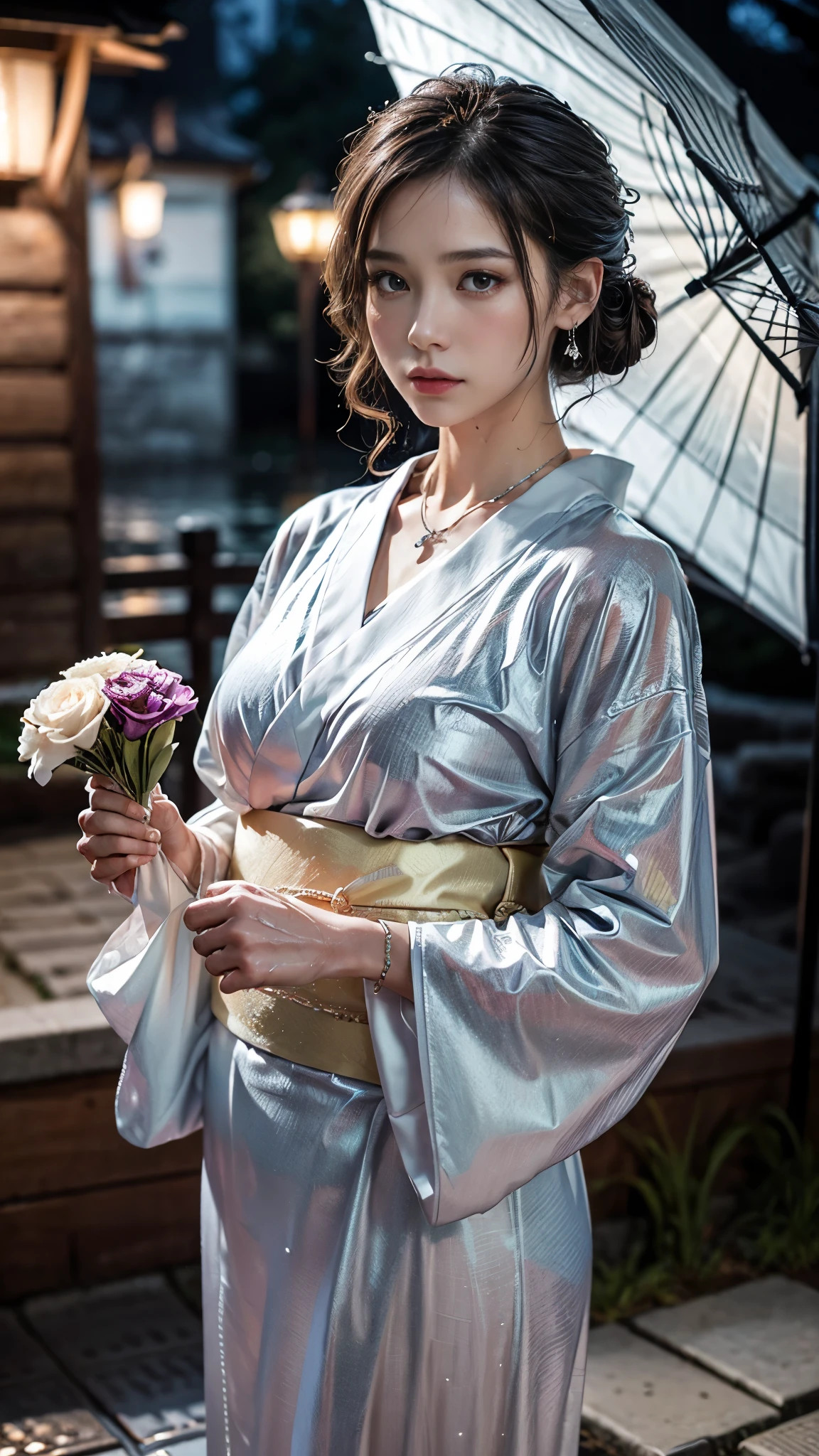 (RAW shooting:1.5, Photoreal, 8K, highest quality, masterpiece, ultra high resolution), ((Summer Night Rain)), perfect dynamic composition:1.2, (In front of a shrine at night in a modern city, expression of sadness:0.9, Tears are flowing:0.9, cry with a broken heart:0.9), Highly detailed skin and facial textures:1.2, Slim office lady wet in the rain:1.3, cowboy shot, Fair skin:1.2, sexy beauty:1.1, perfect style:1.2, beautiful and aesthetic:1.1, very beautiful face:1.2, water droplets on the skin, (rain drips all over my body:1.2, wet body:1.2, wet hair:1.3), (Professional kimono dressing:1.1, With a wet bouquet in hand:1.2, The correct way to wear a wet silver yukata:1.35), (Medium chest, Bra is sheer, Chest gap), (Big eyes that exude beautiful eroticism:0.8, adult charm:0.8, Bewitching:0.8), necklace, earrings, bracelet