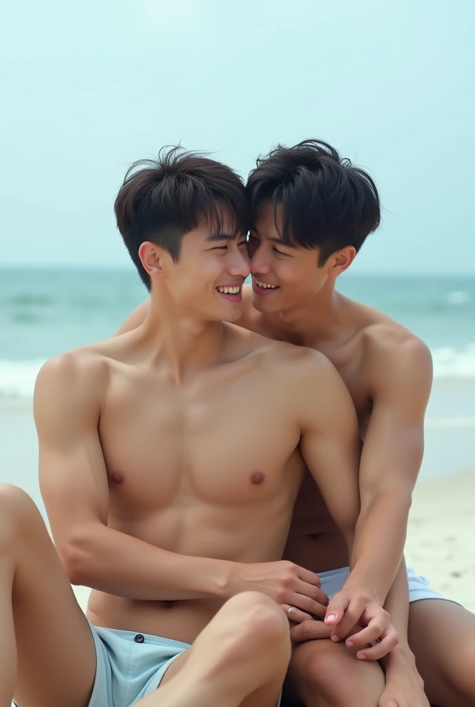 The models are all 2 males aged 18 years old., Good figure with muscles,naked, Total height 2 meters. The two of them looked cheerful and close to each other.. They are Korean., white, and tall. Naked guys , big penis, butt plug. The backdrop is a beach., beautiful sea, white sand, Realistic picture. Sitting down, one hugging the other from behind