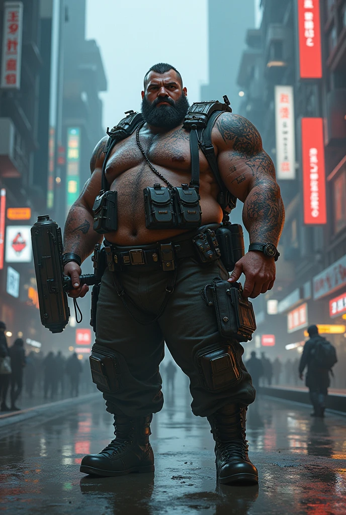 Create a 130-kilogram burly man, hunter and ex-military man with a combat hammer in his hand in the world of cyberpunk