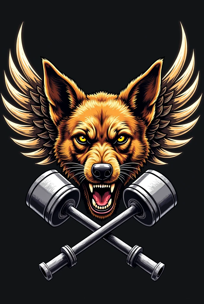 vest badge for a motorcycle club whose mascot is a caramel-colored mongrel dog with a scar over its eye, with ears pricked up and wide open, with a very angry face, In the coat of arms, the dog only has his face right in the middle, with wings that go up to half the height of his ears and that come out behind him at the line of his eyes and two crossed pistons at the bottom of the coat of arms.