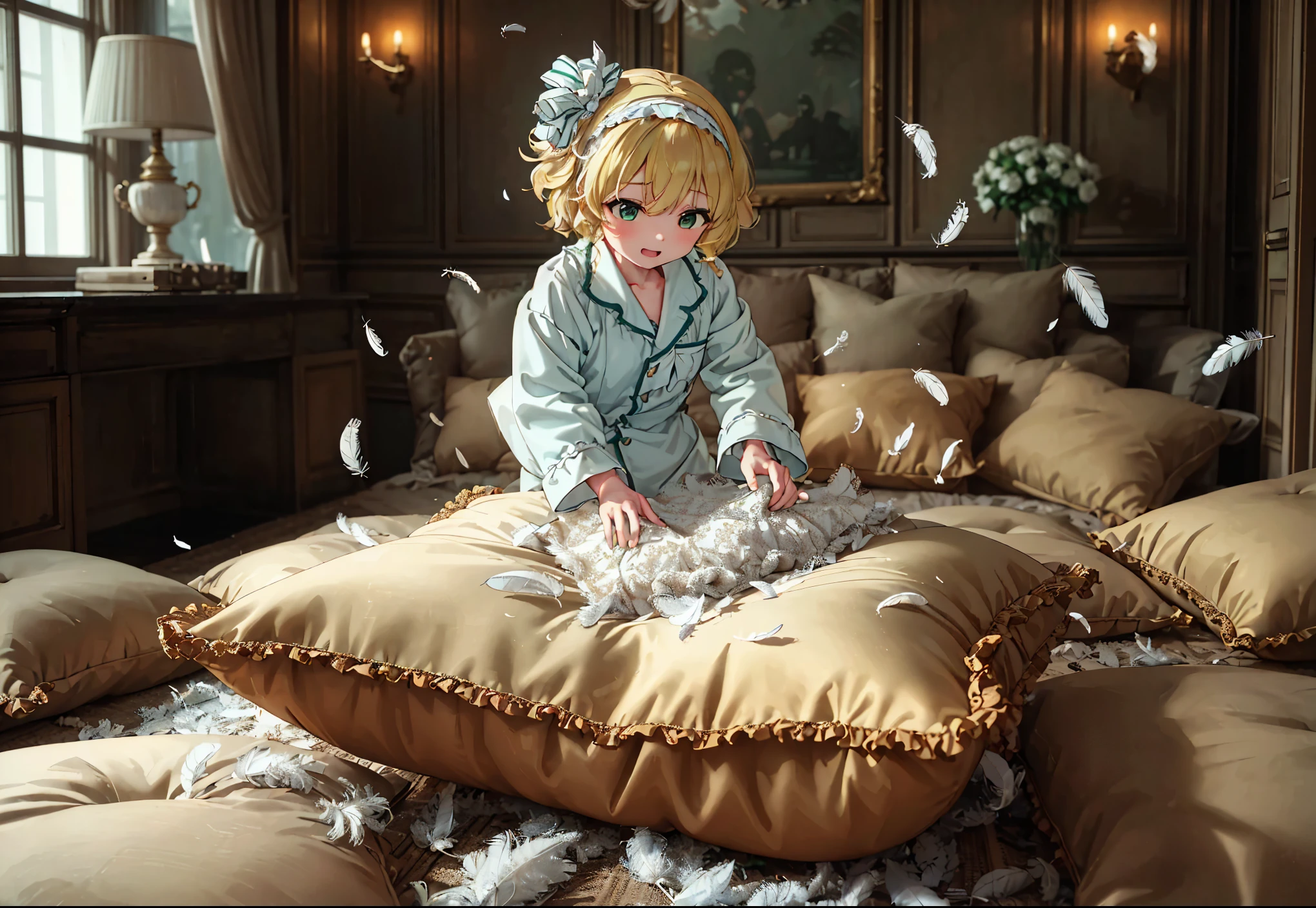 (best quality， masterpiece) , details, (Light and shadow oxtail) , Cute girl posing on pillow ，Pillow, Upholstered，Soft pillow，（Pillow），The love surrounding the protagonist，steam，(Luxury Pillow），（Gorgeous pattern pillow），luxurious pillow, standing,（Love around the protagonist），（pillow）, frilled pillow   , 1 pillow, standing on a top of pillow, on pillow, big pillow, fluffy pillow, pillow damage, stomping pillow, stomping, pillow on floor, stepping on pillow, posing on top pillow, full body, pillow on floor, (((feathers))), pillow destroy, ripping pillow, tearing pillow in half, feathers everywhere, cotton, stuffing pillow, sakurai_momoka_theidolmastercinderellagirlsu149, blonde_hair, hairband, short_hair, green_eyes, bangs, upper_body, smile, bow, open_mouth, wavy_hair