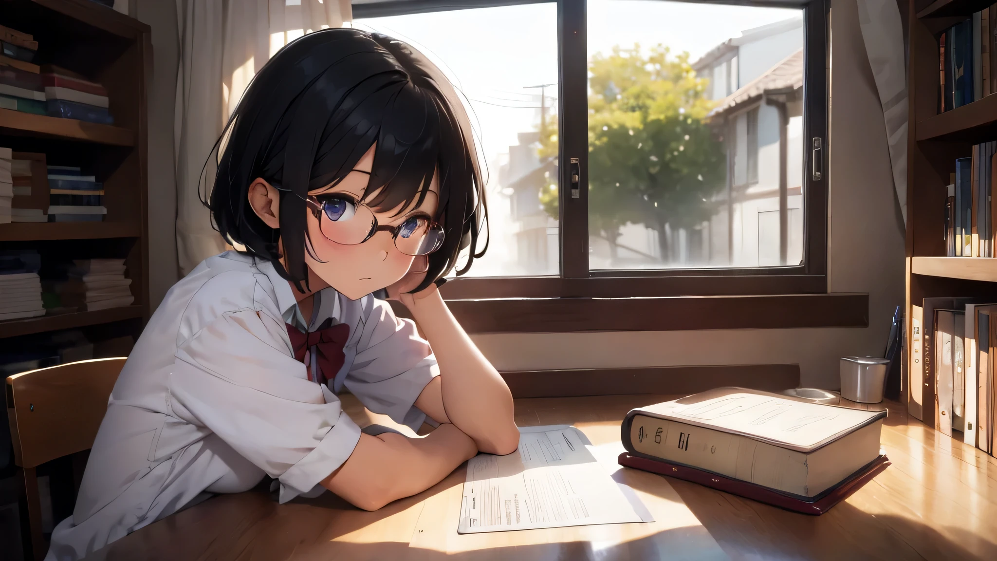masterpiece, top-quality, High-quality images, high resolution, 8K, 1 student, solo, detailed, Detailed eye depiction, skin gloss, school uniform, large breast, Lustrous hair, Black short-haired, disheveled hair, Round glasses, Narrow old room, many bookshelves, studying, shy expression, blushing heavily, sitting at table, looking at viewer