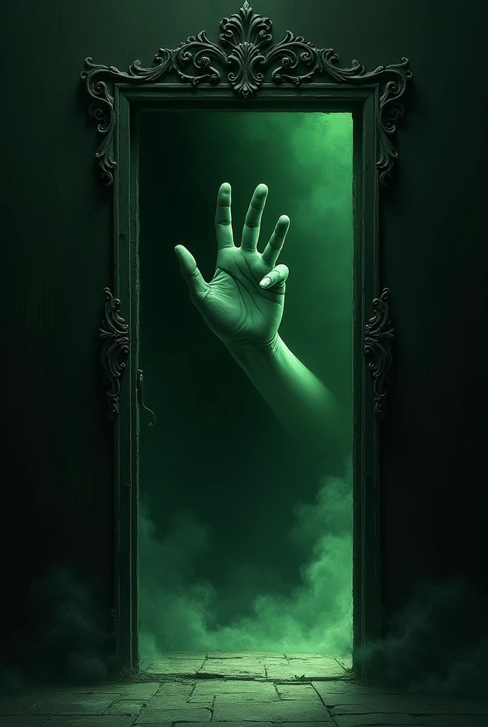 I want a black and green image with a door open with a hand 