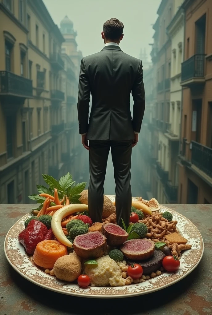 figure of a man standing on a plate of food served