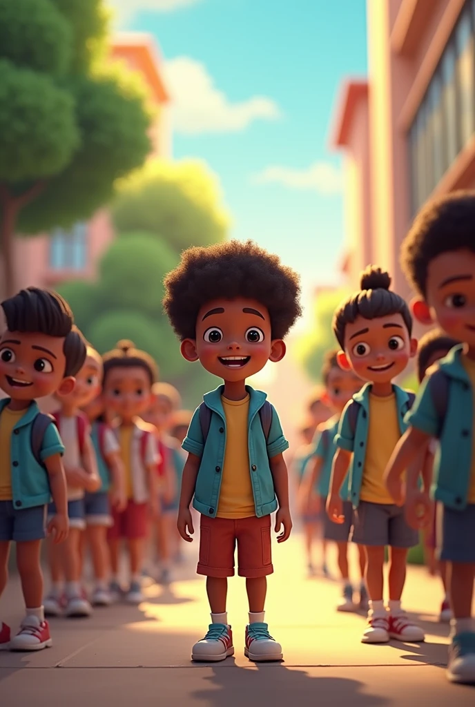 Create animated images of a child's school life from beginning to end, showing good and bad moments among classmates.,
Several images showing this cycle , the boy is dark ( ARTAS IMAGES ) remove his afro hair