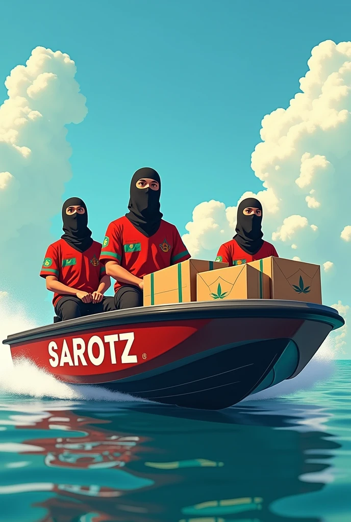 An animated picture of a dinghy speed boat and on the dinghy speed boat there are supposed to be three fully masked people with Morocco jerseys and on the boat there are supposed to be several packages with cannabis and on the picture the name SARIOTZ is clearly visible in large letters