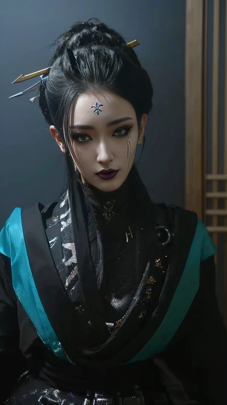 arafed woman with black cosmetic and a black and blue dress, very beautiful cyberpunk samurai, Cyberpunk Geisha, Akihiko Yoshida. Unreal Engine, cosmetic. Unreal Engine, cyberpunk cosmetic, hyper-realistic cyberpunk style, realistic cosplay, Inspired by trees, Unreal Engine : : rave cosmetic, Complex cyberpunk makeup, Japanese visual effects