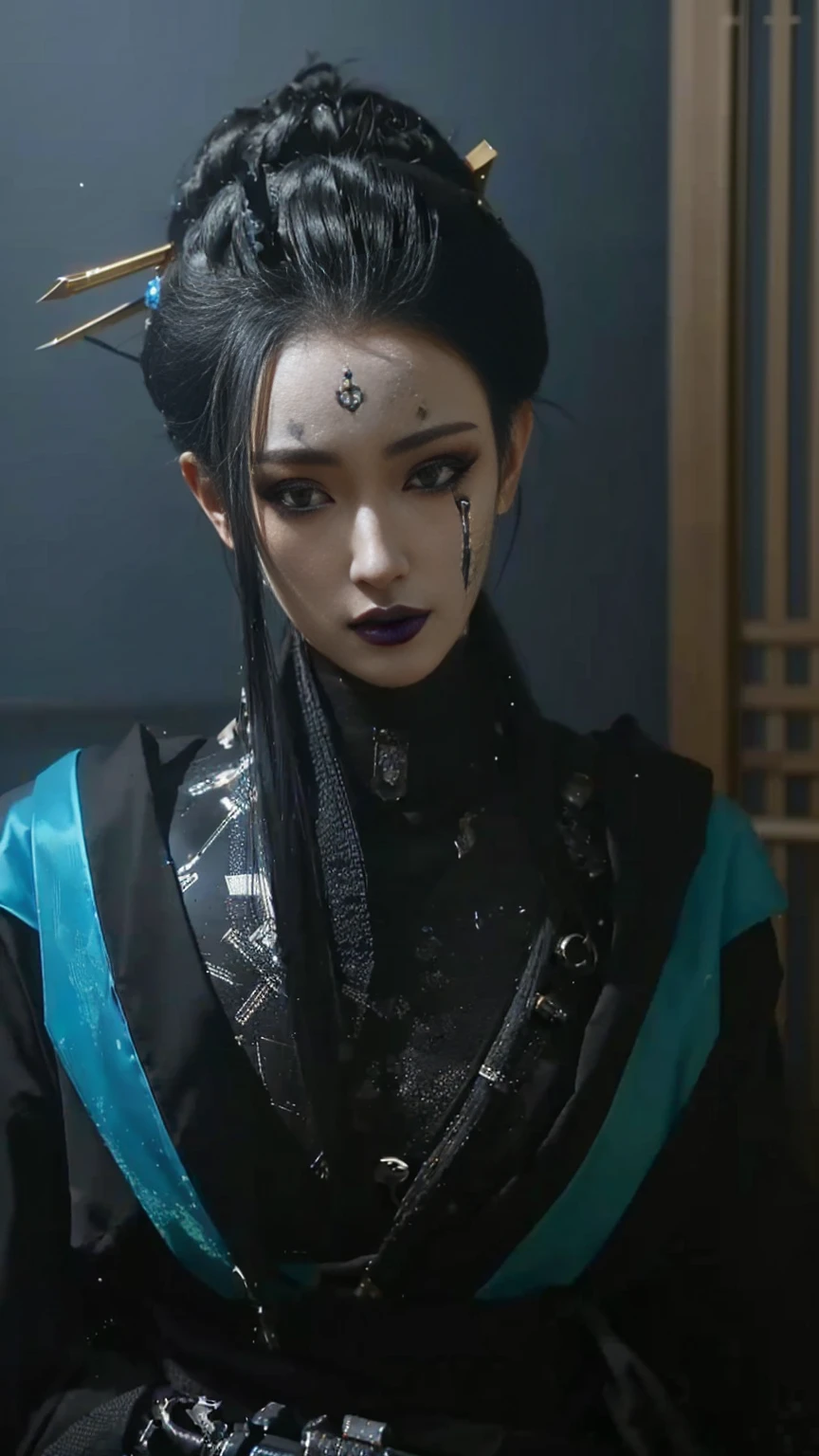 arafed woman with black cosmetic and a black and blue dress, very beautiful cyberpunk samurai, Cyberpunk Geisha, Akihiko Yoshida. Unreal Engine, cosmetic. Unreal Engine, cyberpunk cosmetic, hyper-realistic cyberpunk style, realistic cosplay, Inspired by trees, Unreal Engine : : rave cosmetic, Complex cyberpunk makeup, Japanese visual effects