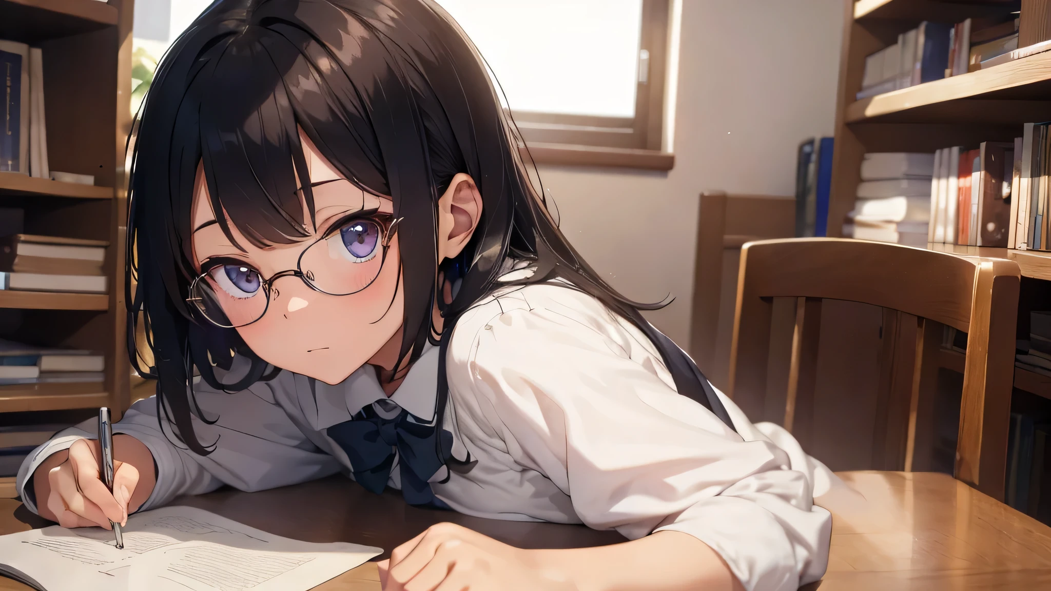 masterpiece, top-quality, High-quality images, high resolution, 8K, 1 student, solo, detailed, Detailed eye depiction, skin gloss, school uniform, large breast, Lustrous hair, Black short-haired, disheveled hair, Round glasses, Narrow old room, many bookshelves, studying, shy expression, blushing heavily, sitting at table, looking at viewer