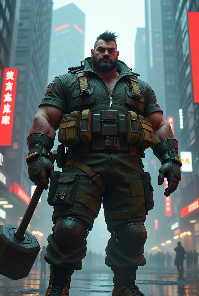 Create a 130-kilogram burly man, hunter and ex-military man with a combat hammer in his hand in the world of cyberpunk