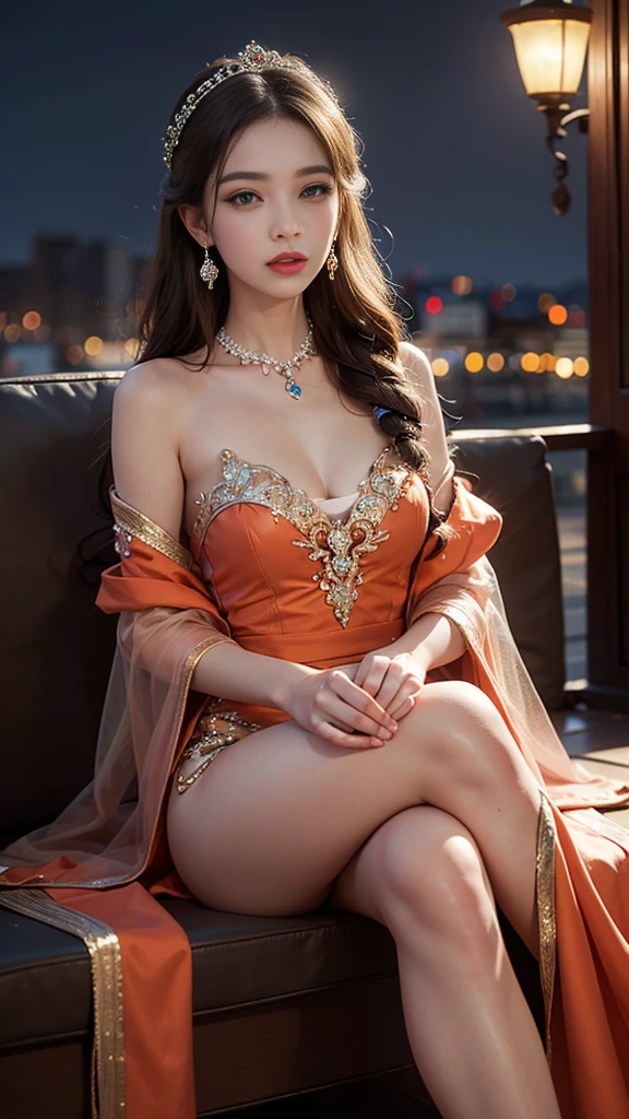 8K Ultra HD, masterpiece, best quality, A beautiful girl, Long hair, Impressive hairstyle, Royal hair accessories, Very cute face, Flawless face, Jewelry Earrings, Antique Jewelry, Detail eyes, beautiful eyes, Delicate makeup, Sparse eyebrows, Beautiful red lips, Medium breasts, Royal dress, Purple dress, Light orange shoelaces, True to life colors, Magic Effects, Night background, Look directly at the audience, sit,