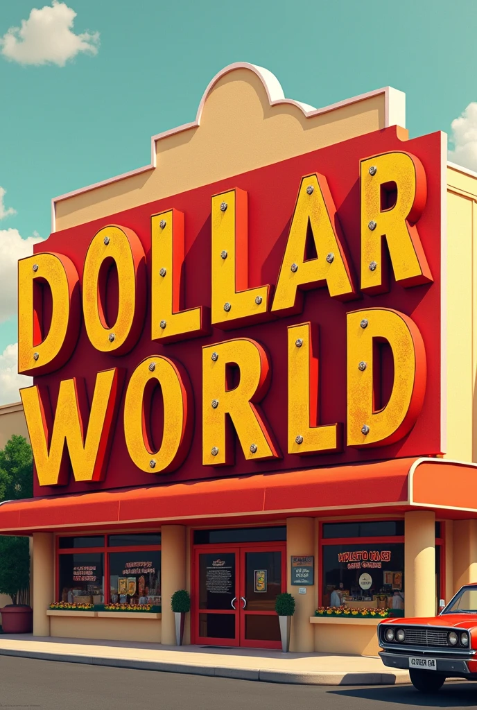 Create a name sign image " dollar world" with red and yellow colors