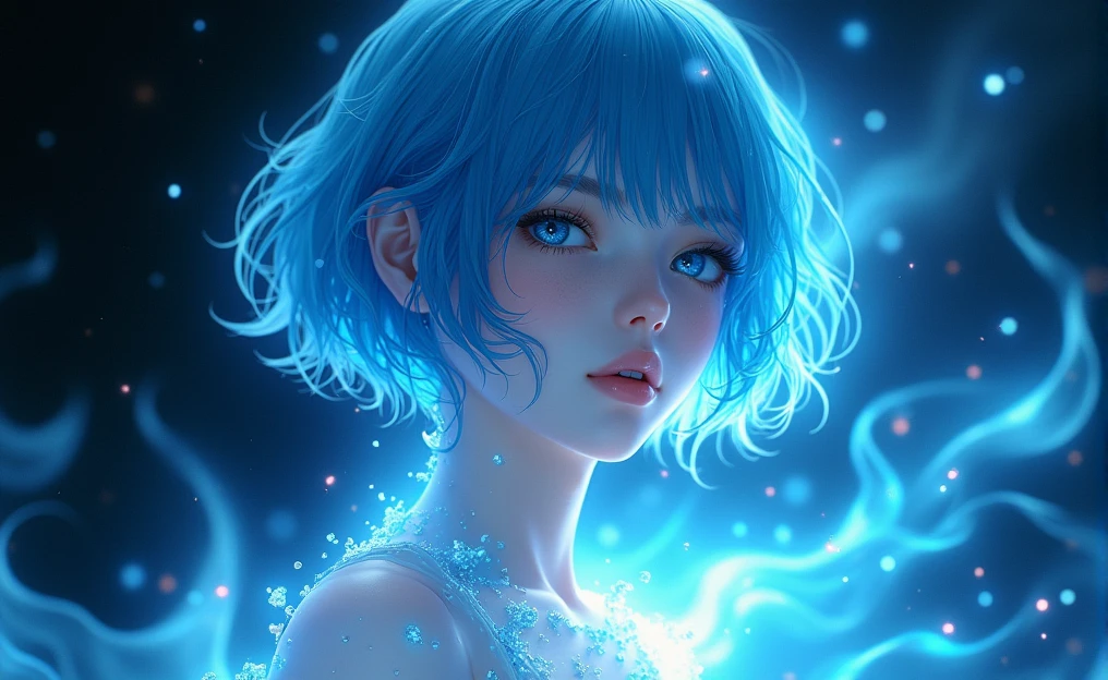 The image shows a young man with delicate, androgynous features. The person has pale and smooth skin watching at us, with a serene and dreamy expression. His eyes are an intense and bright blue, with a look that seems lost in deep thoughts. The boy hair is short, flowing, and a bright blue that appears to be made of liquid light. It is soaked and falls in clumps that blend into the background, giving a sense of movement and fluidity. There is an ethereal lighting effect surrounding the boy. Flashes of blue and white light spread across the image, as if the person is surrounded by water or some kind of magical energy. Light reflections on the skin and hair reinforce this feeling that the boy is made of a liquid or crystalline material. The background is dark, which makes the light effects stand out even more. There is a play of light and shadow that adds depth and mystery to the scene. The style is very detailed and realistic, with a fantastic touch. The use of cool colors and lighting effects creates a dreamy and otherworldly atmosphere.