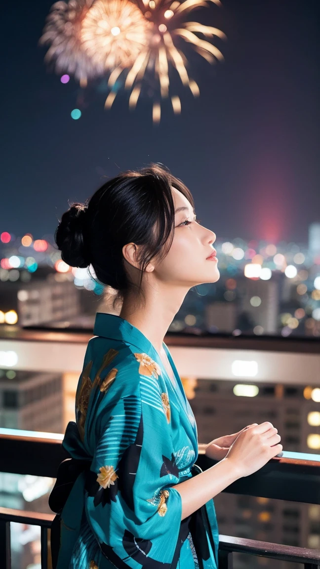 Skyscraper rooftop　Mature woman looking up at fireworks　Black hair chignon　A vibrant turquoise yukata