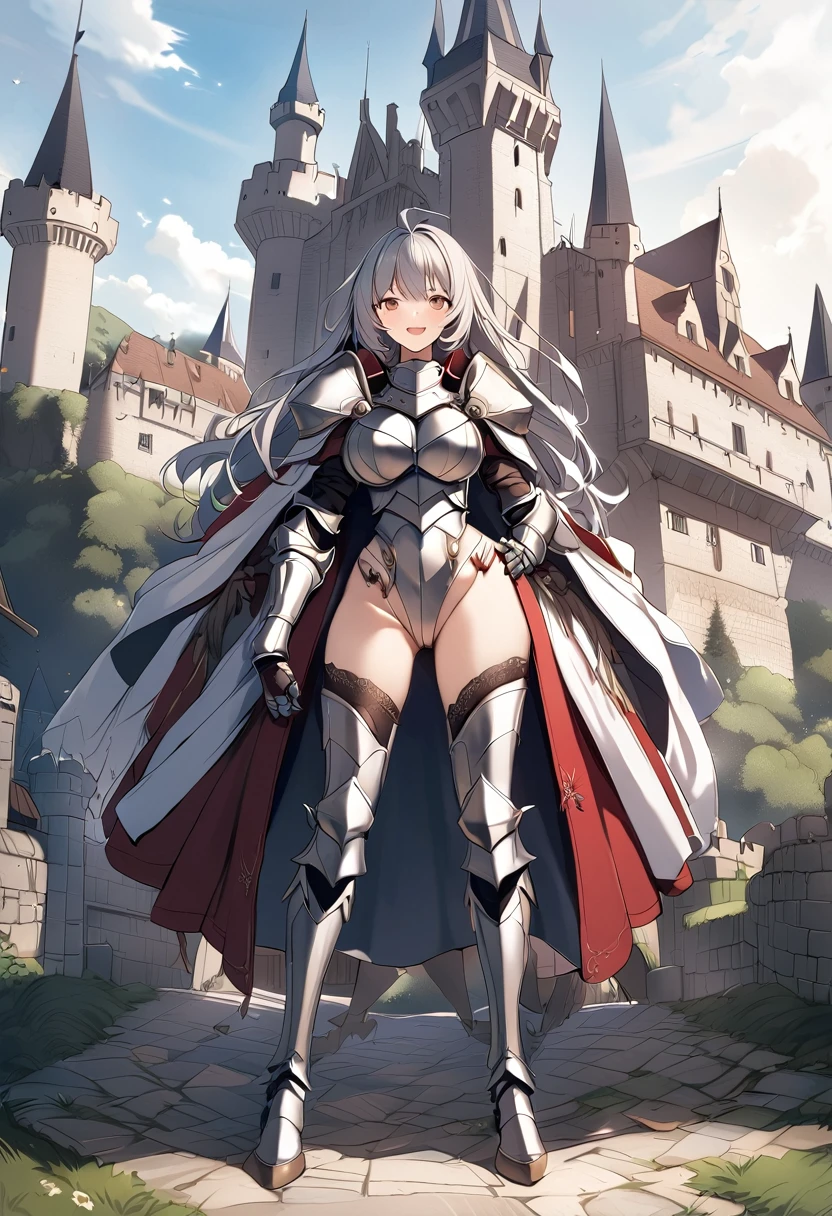 Woman knight、a beauty girl、huge tit、Excellent style、Nice Buddy、glamorous、leotard、s Armor、Bra chest armor、knee boots、gauntlets、hair adornments、silber hair、Longhaire、Ahoge、a medieval castle、is standing、full body seen、Outside the castle、natta、a smile、slightly open mouth