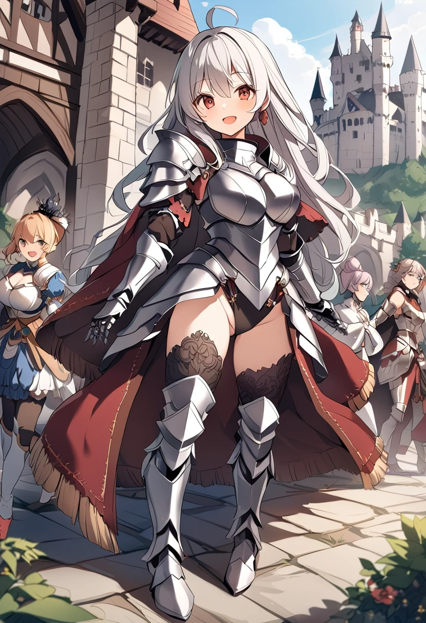 Woman knight、a beauty girl、huge tit、Excellent style、Nice Buddy、glamorous、leotard、s Armor、Bra chest armor、knee boots、gauntlets、hair adornments、silber hair、Longhaire、Ahoge、a medieval castle、is standing、full body seen、Outside the castle、natta、a smile、slightly open mouth