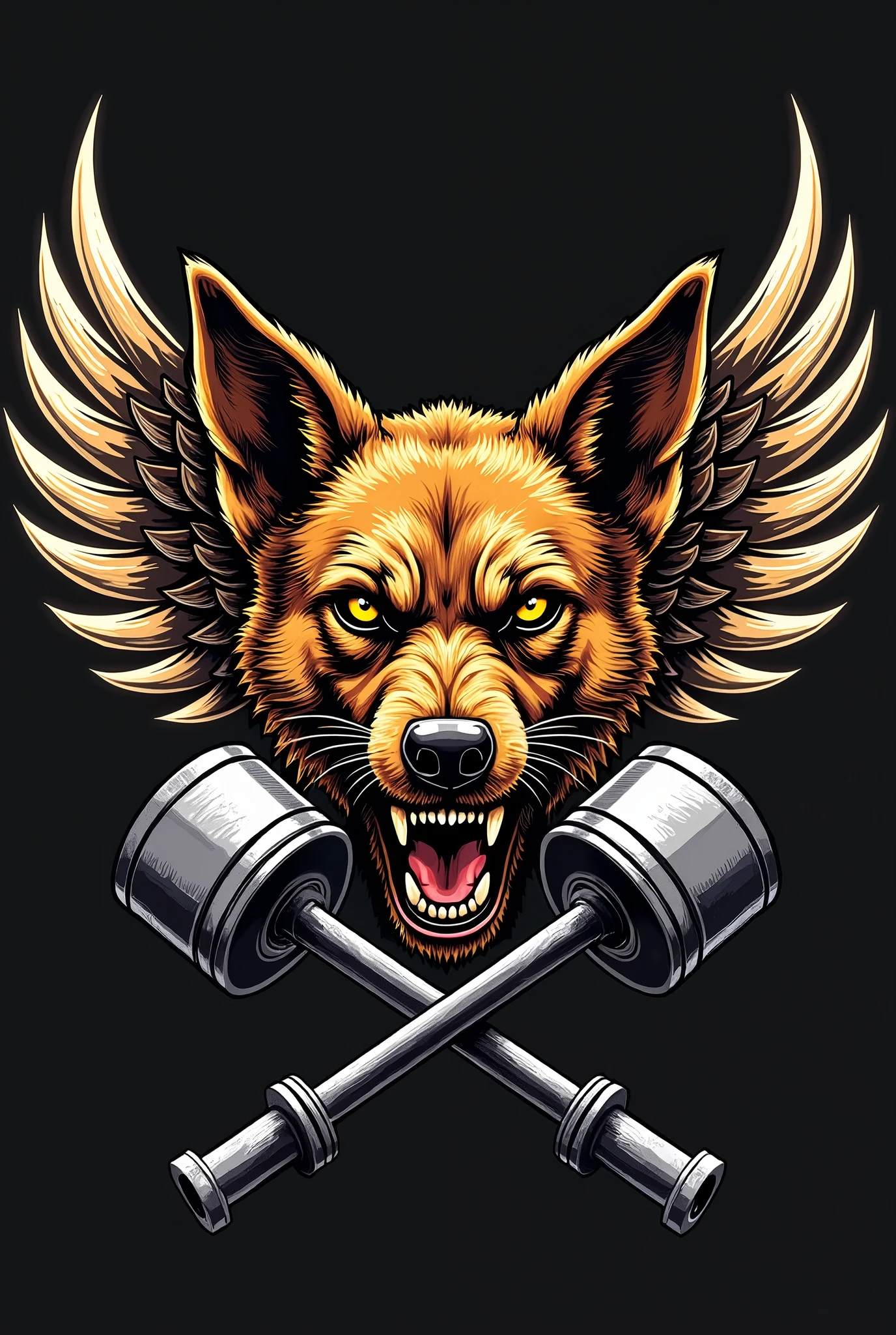 vest badge for a motorcycle club whose mascot is a caramel-colored mongrel dog with a scar over its eye, with ears pricked up and wide open, with a very angry face, In the coat of arms, the dog only has his face right in the middle, with wings that go up to half the height of his ears and that come out behind him at the line of his eyes and two crossed pistons at the bottom of the coat of arms.