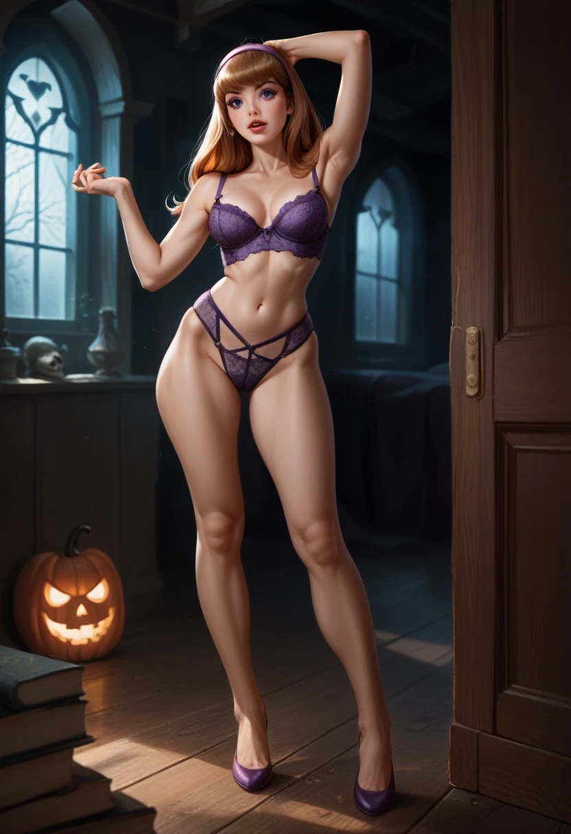 (Daphne Blake, lingerie), full body, in a spooky haunted house