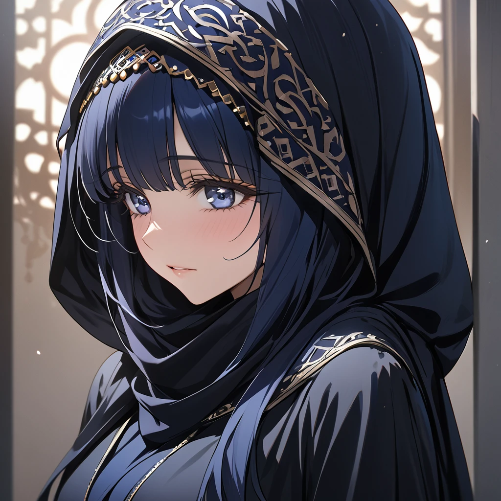 ((Highest quality)), ((masterpiece)), (detailed), (Perfect Face)、The woman appears to be an Arab Muslim woman with medium-long midnight blue hair, wearing a black Arab abaya and a black hijab like a scarf covering her face.