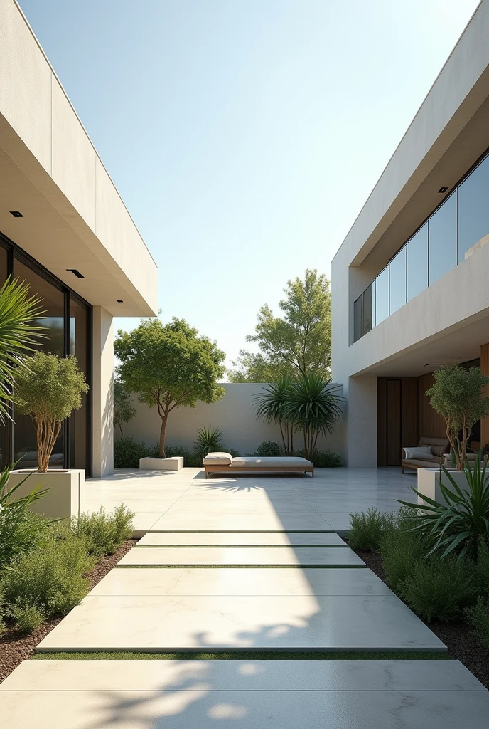 Urban outdoor villa courtyard scene，No chairs, only scenes，lots of brightness，Modern style，Less shadow



