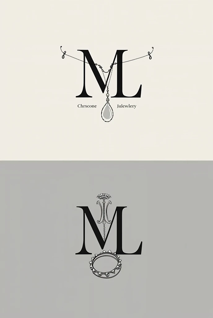 Create a jewelry logo that has a necklace, bracelet, ring and the initials M and L in black and white