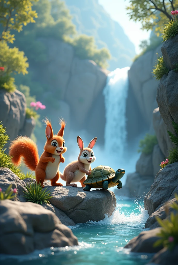 Friends squirrel , rabbit and owl y turtle crossing slippery rocks next to a beautiful waterfall. u v