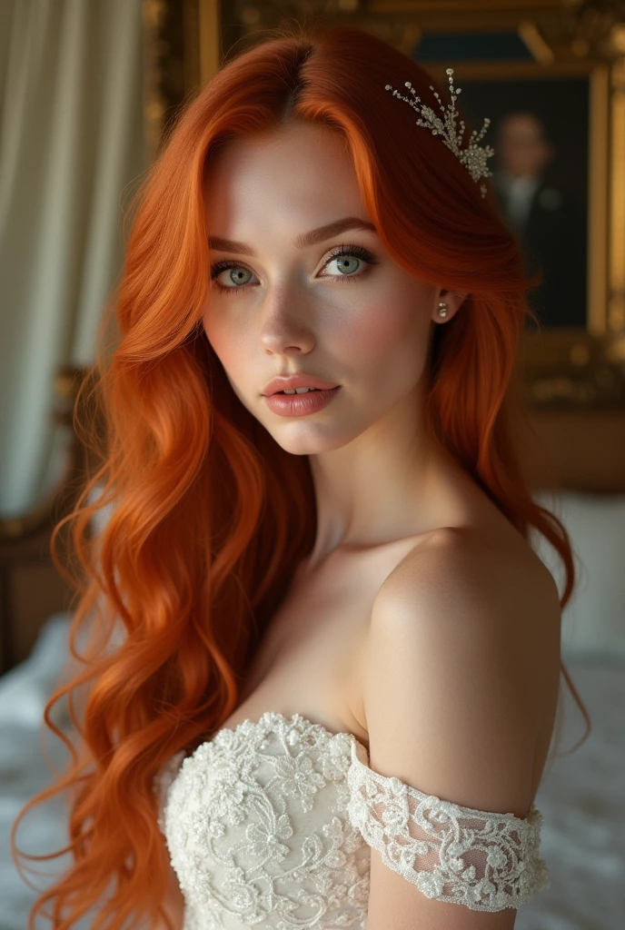 1girl, masterpiece, highres, sonicedges_rias_gremory, long red hair, (wedding dress, room, bridal lingerie, wedding theme), beautiful detailed eyes, beautiful detailed lips, extremely detailed face, longeyelashes, photorealistic, ultra-detailed, realistic, vivid colors, cinematic lighting, intricate details, high quality, 8k