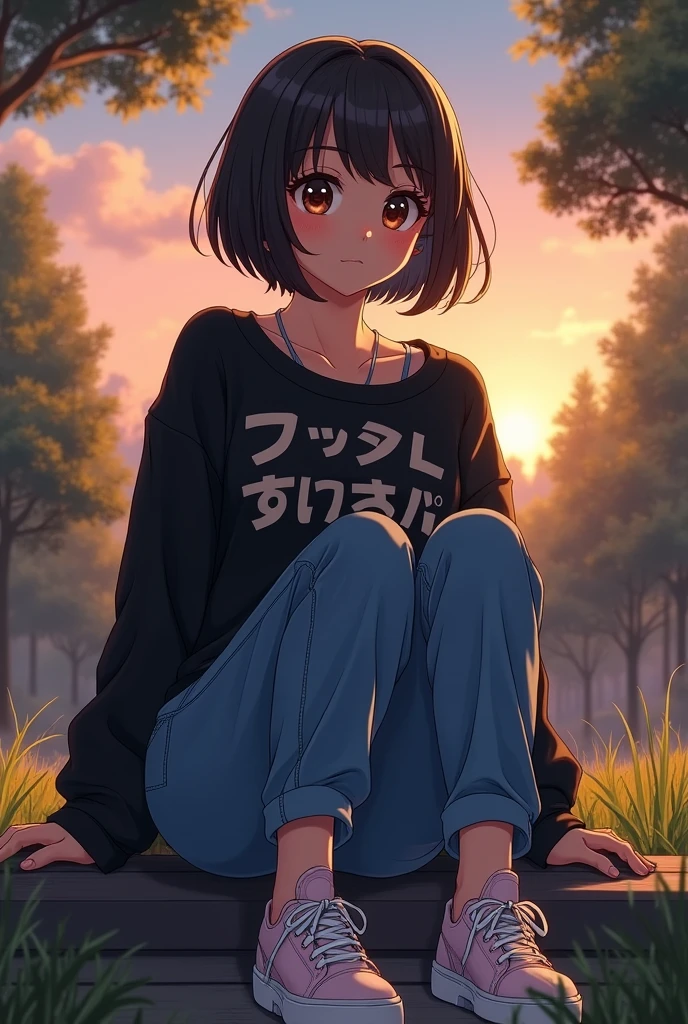 20 year old girl, chunky, short black hair, large light brown eyes, short stature, Black sweater with Japanese letter print, big breasts, big breasts, baggy jeans, white with pale pink sports shoes, sitting in a park, sunset, manga style.