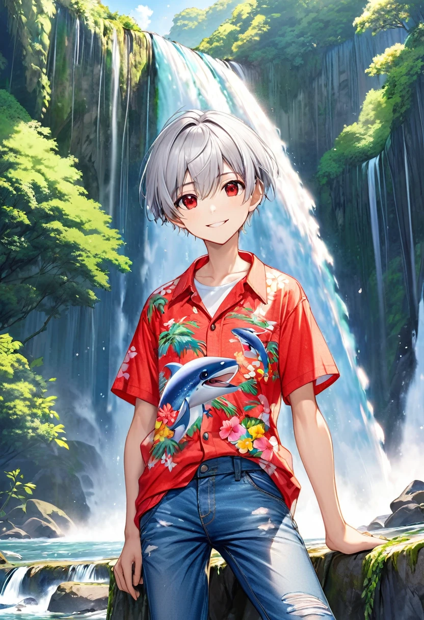 (low angle style), (relax pose), (solo:2, 15 yo), (detailed cool crew cut silver hair very short hair) (best cool tough boy) (beautiful cool red eyes) (soft smile), in a summer Aloha Shirt, Denim Jeans Pants, break, in the Hiji Falls, background immensely beautiful biggest A vast waterfall, BREAK, 16K, masterpiece, best quality, beautiful detailed waterfall.